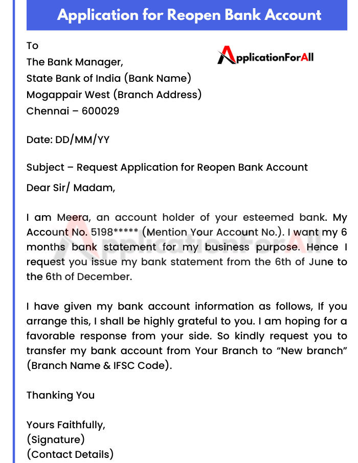 application for reopen bank account